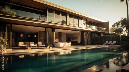 Modern Luxurious Villa with an Open patio  Wood and glass  Earth tones  B B Italia style  Afternoon in Beverly Hills  Modern Architecture - Generative AI