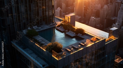 Modern Luxurious Apartment Complex, Rooftop pool,
High detail, Cool hues, Foster + Partners, High End New York City in the Sunset, Chic High-rise - Generative AI 