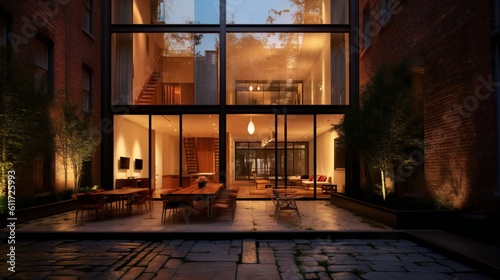 Modern  Sophisticated Luxurious Design Exterior, Townhouse, Private courtyard, Brick and glass, Calvin Klein Home, near Manhattan in Evening - Generative AI photo