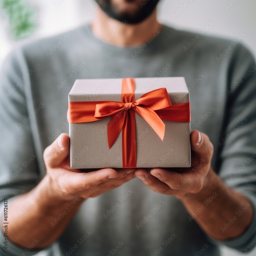 hands holding small gift with ribbon, AI generative hands holding small gift with ribbon, AI generative