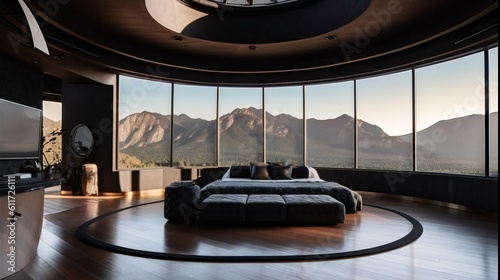 Luxurious Black and Wood Modern Design Interior, Mountain, Forest, Large glass natural view - Generative AI © Sparkls