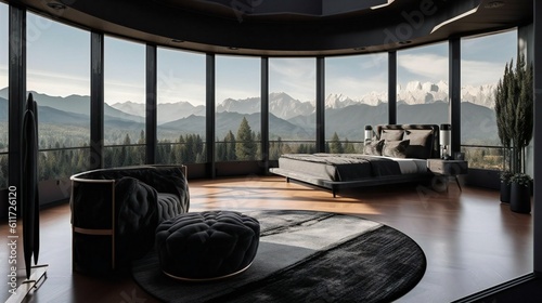 Luxurious Black and Wood Modern Design Interior, Mountain, Forest, Large glass natural view - Generative AI