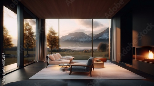 Dreamy Modern Luxurious Design Interior Real Estate Mountain Sunset Nature Forest - Generative AI © Sparkls