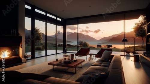 Dreamy Modern Luxurious Design Interior Real Estate Mountain Sunset Nature Forest - Generative AI