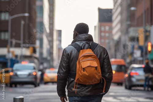 Young African American man with backpack walking on city street, back view with Generative AI. © kiimoshi