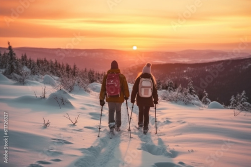 Couple of hikers with backpacks hiking in winter mountains at sunset with Generative AI.