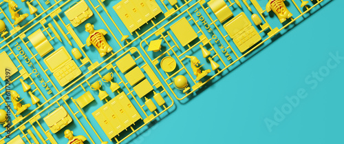 Minimal background for education concept. Yellow plastic model kit of back to school element on blue background. 3d rendering illustration. Object isolate clipping path included.