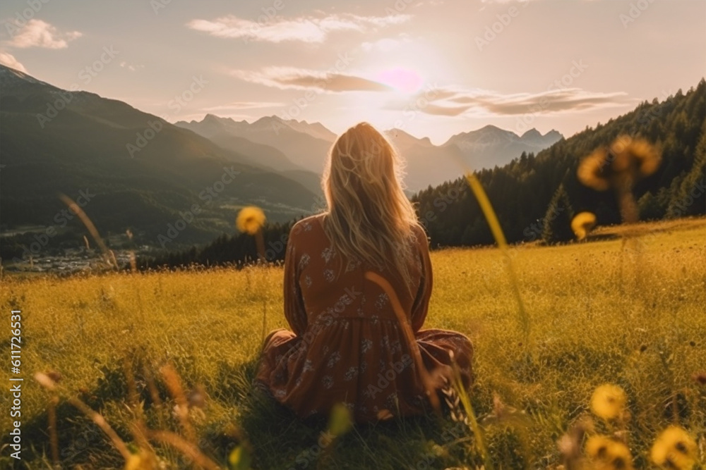 Back view of young woman sitting on top of mountain and looking at beautiful sunset. Freedom and travel concept with Generative AI.