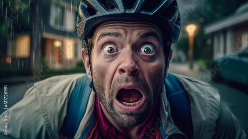 Man with a fearful look faces the city traffic on her bicycle - ai generative