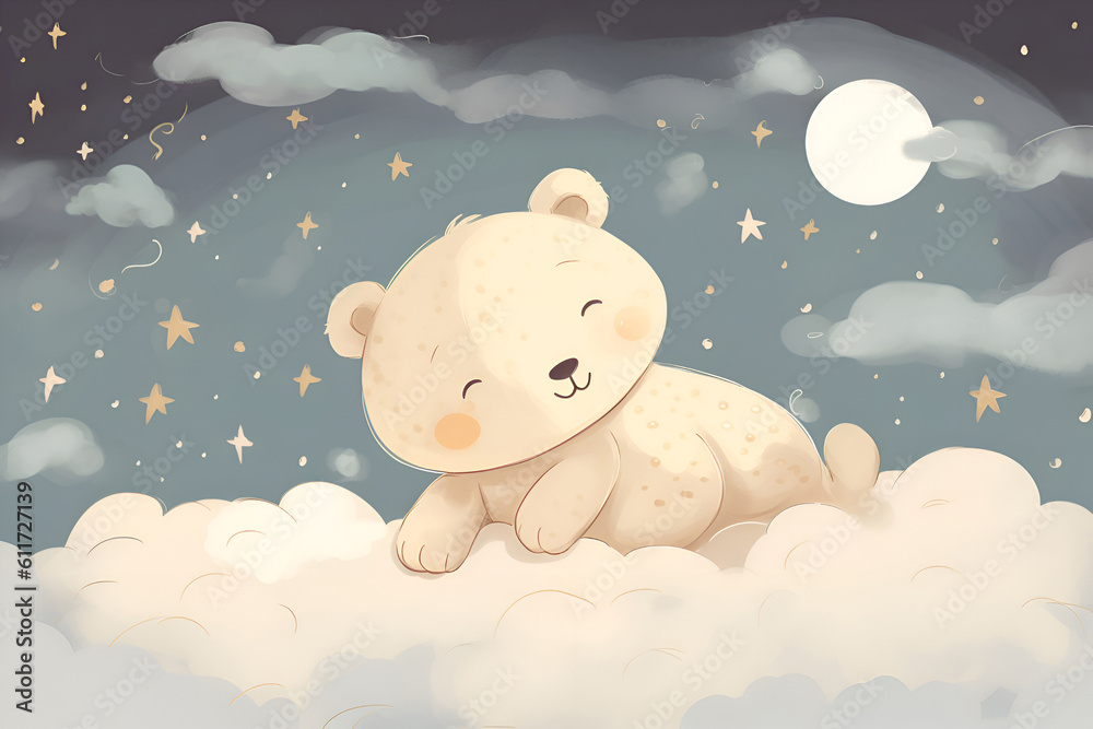 Illustration of a teddy bear sleeping on a cloud, Generative AI Illustration of a teddy bear sleeping on a cloud, Generative AI