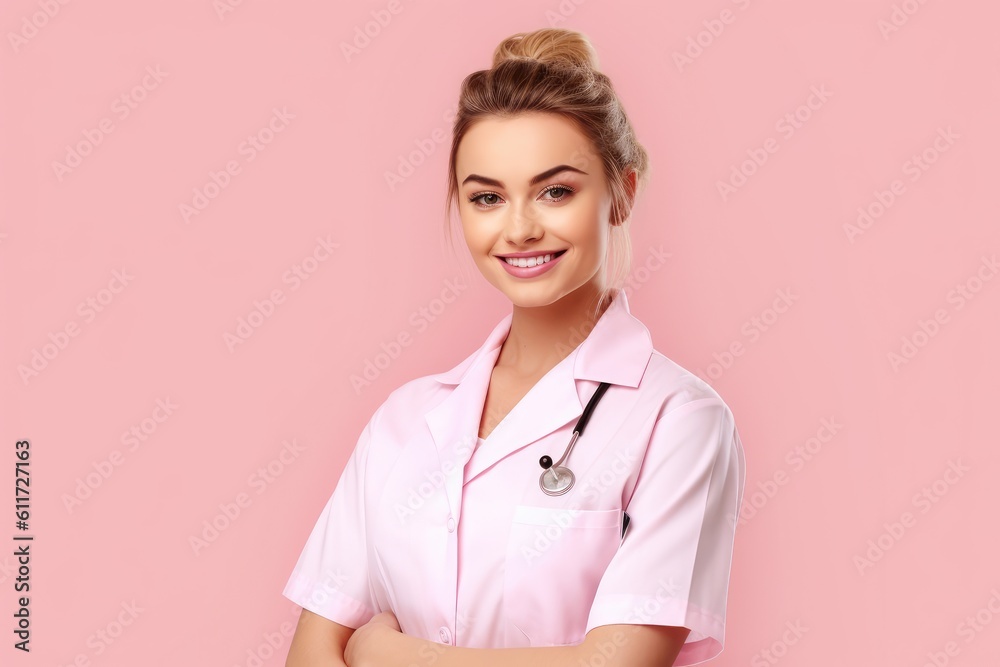 Photo of beautiful doctor woman posing in front of pink background. Generative AI Photo of beautiful doctor woman posing in front of pink background. Generative AI