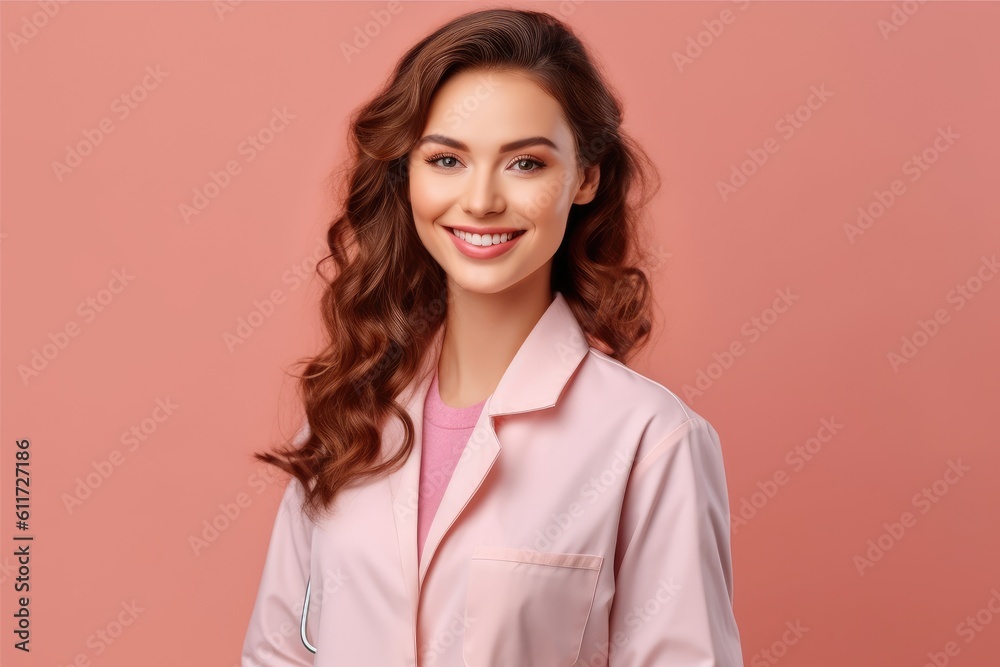 Photo of beautiful doctor woman posing in front of pink background. Generative AI Photo of beautiful doctor woman posing in front of pink background. Generative AI