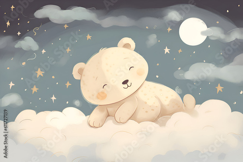Illustration of a teddy bear sleeping on a cloud, Generative AI