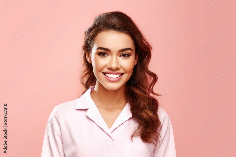 Photo of beautiful doctor woman posing in front of pink background. Generative AI Photo of beautiful doctor woman posing in front of pink background. Generative AI