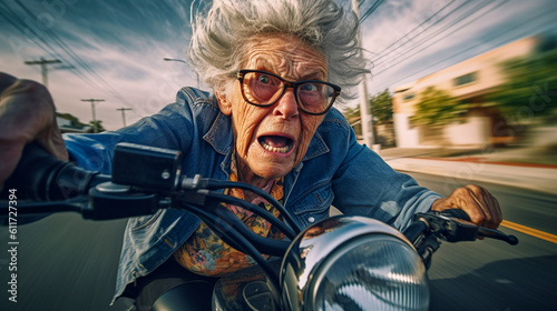Elderly woman with a fearful look faces the city traffic on her motorbike - ai generative © Giordano Aita