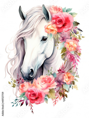 Portrait of a beautiful white horse crowned with pink flowers. Created by AI.