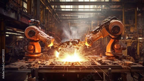 welding robotics automatic arms machine in intelligent factory. generative ai