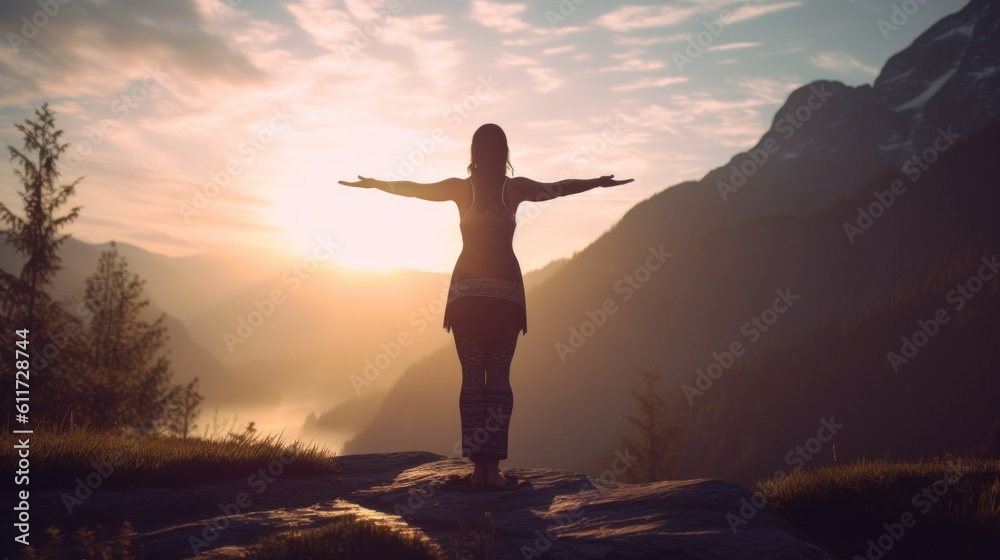 Woman doing yoga on mountain cliff at sunrise. Mountanious landscape. generative ai Woman doing yoga on mountain cliff at sunrise. Mountanious landscape. generative ai