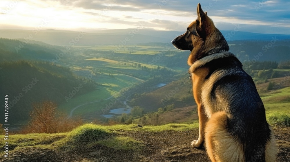 German Shepherd standing tall on a hilltop. generative ai