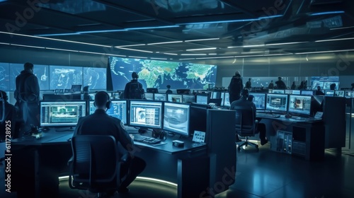 cybersecurity team monitors behind the monitor. generative ai