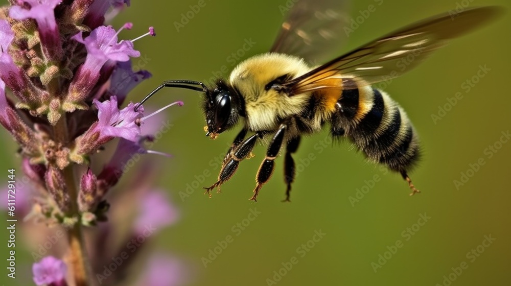 a diligent bumblebee hovers gracefully over a delicate wildflower, its fuzzy body and outstretched proboscis in perfect focus. Generative AI a diligent bumblebee hovers gracefully over a delicate wildflower, its fuzzy body and outstretched proboscis in perfect focus. Generative AI