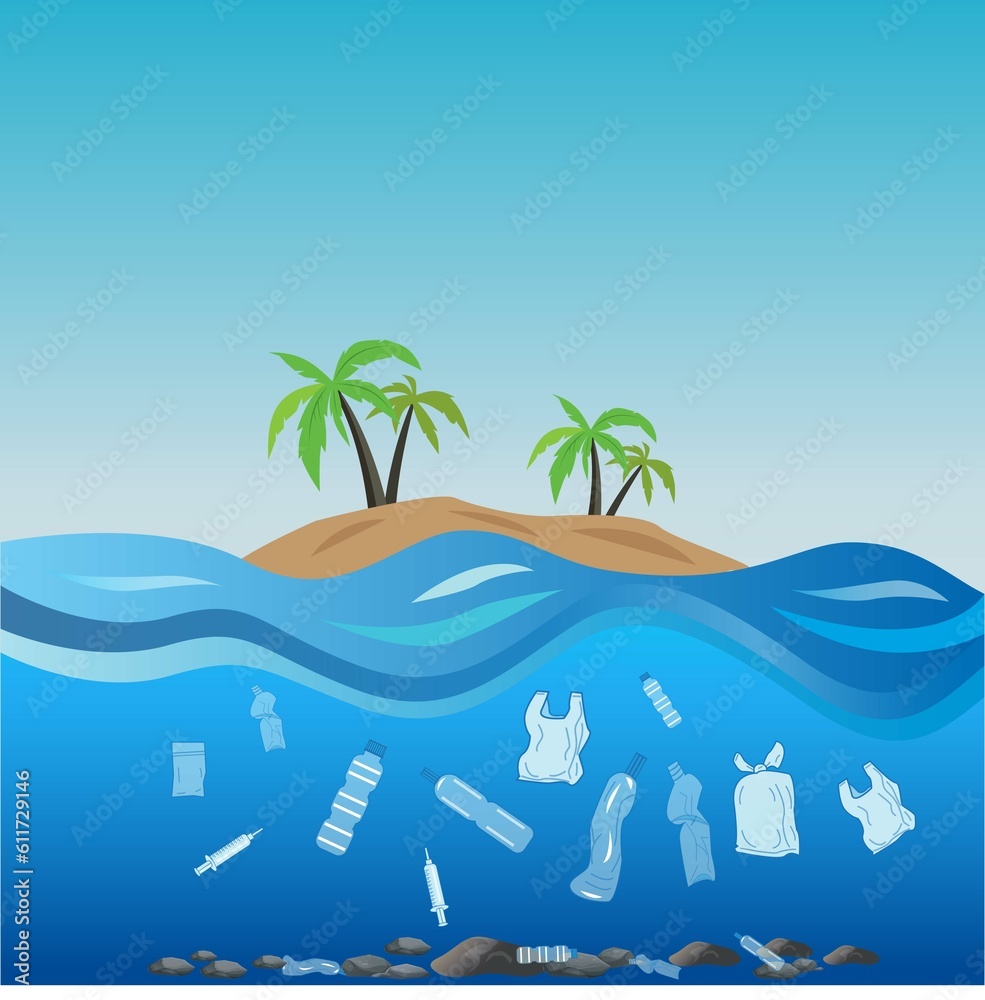 Plastic bottles in the sea. Pollution of the World ocean by plastic waste