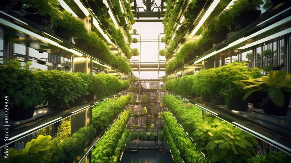 Vertical Farming Marvels, Capturing the Spectacular Rise of Multi-Level Oasis. Thriving Crops, Artificial Sunlight, and Automated Precision for Abundant Year-Round Harvest. generative ai