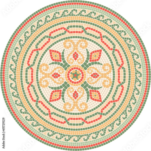 Mosaic circular ornament with floral motifs in bright red and green colors. For ceramics, tiles, ornaments, backgrounds and other projects.