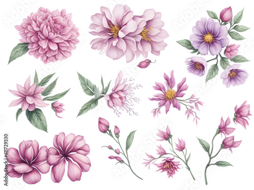 set of watercolor sakura elements on transparent background  generative ai