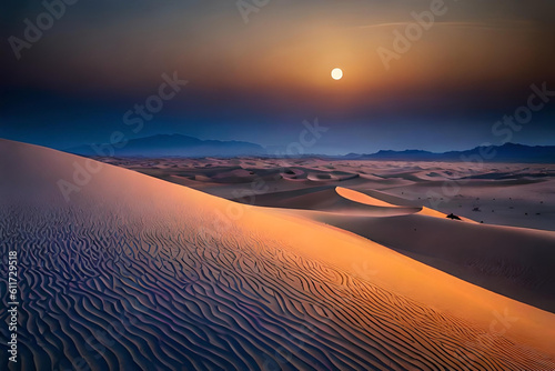 A full moon rises above a vast desert landscape