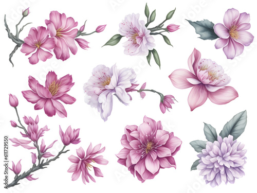 set of watercolor sakura elements on transparent background,  generative ai