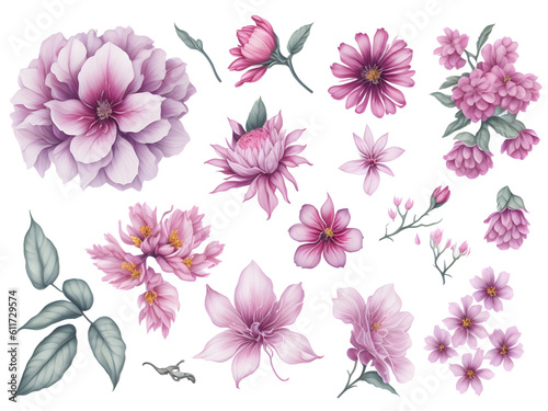 set of watercolor sakura elements on transparent background   generative ai