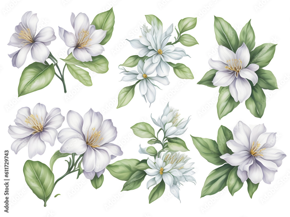 set of watercolor jasmine elements on transparent background, generative ai set of watercolor jasmine elements on transparent background, generative ai
