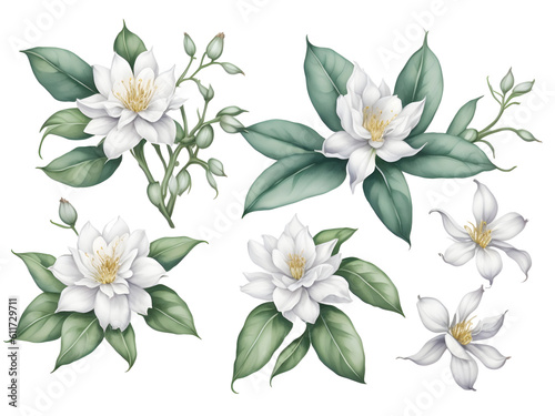set of watercolor jasmine elements on transparent background  generative ai