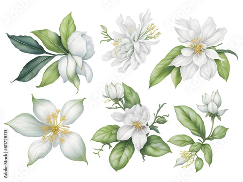 set of watercolor jasmine elements on transparent background, generative ai