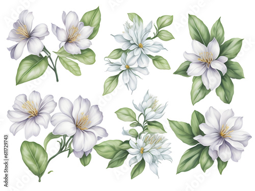 set of watercolor jasmine elements on transparent background  generative ai