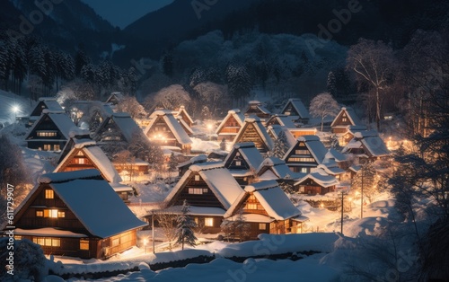 Gassho Zukuri Folk Village Shirakawago light-up in winter, Japan, Generative AI photo