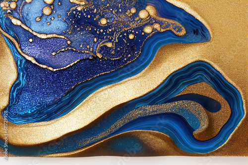 Blue and golden acrylic liquid ink swirl abstract background with ravishing turbulence wavy pattern and detailed texture. Luxury fluid liquid art by Generative AI.