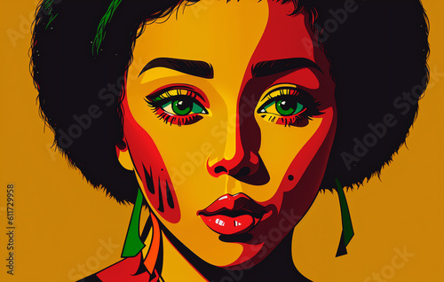 Beautiful young African American woman in pop art style. Generative AI.