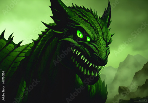 Green Dragon. Fantastic monster. Big scary creature. Generative AI.