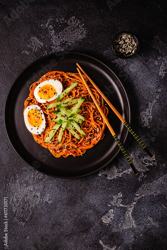 Korean traditional food, cucumber and boiled egg cold spicy noodles.