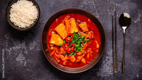Korean traditional food, spicy kimchi soup (kimchi tige) with pork and tofu cheese.