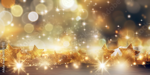 Christmas background with golden stars and bokeh. Generative AI. © Czintos Ödön
