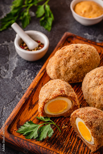 Traditional Scotch Eggs on a wooden board.