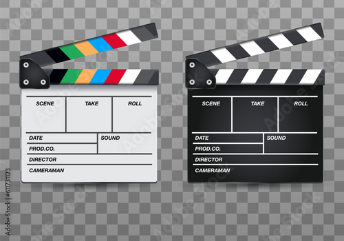 3d Realistic movie clapper board set closeup isolated on transparent background. Design template of clapperboard, slapstick, filmmaking device. Eps 10 vector illustration.