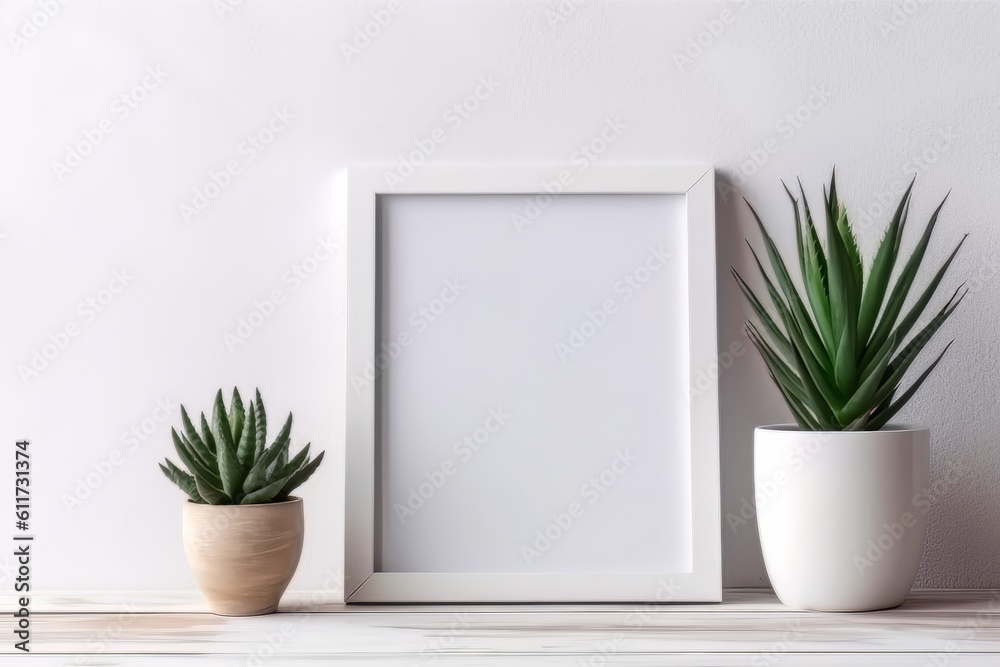 3D illustration of a horizontal mock up in a Scandinavian style interior with green succulents on a white wall background. Generative AI.