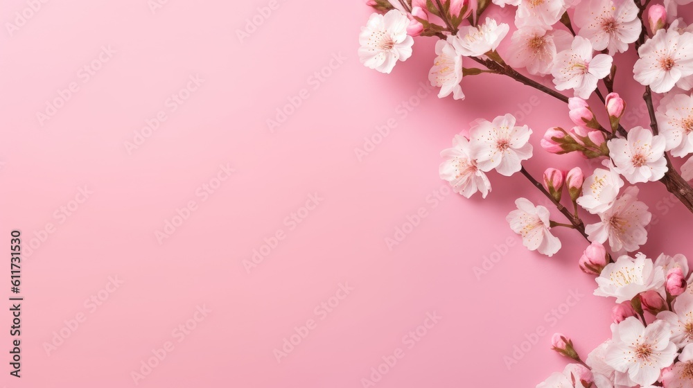 Fresh white cherry blossoms on light pink table background. Pastel color. Flat lay. AI generative Fresh white cherry blossoms on light pink table background. Pastel color. Flat lay. AI generative
