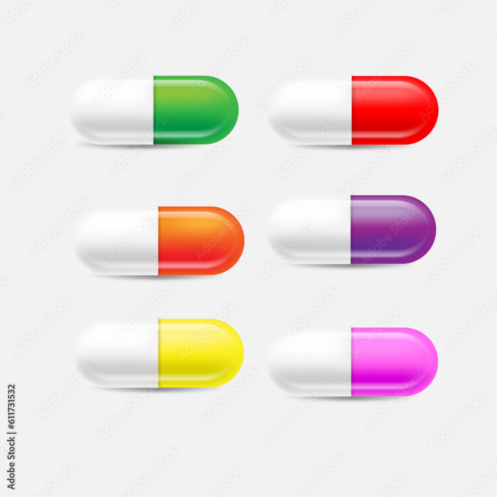 Different colors Medical Pill Icon Set Closeup Isolated on White Background. Design template of Pills Different colors Medical Pill Icon Set Closeup Isolated on White Background. Design template of Pills