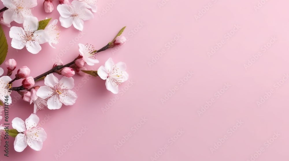 Fresh white cherry blossoms on light pink table background. Pastel color. Flat lay. AI generative Fresh white cherry blossoms on light pink table background. Pastel color. Flat lay. AI generative