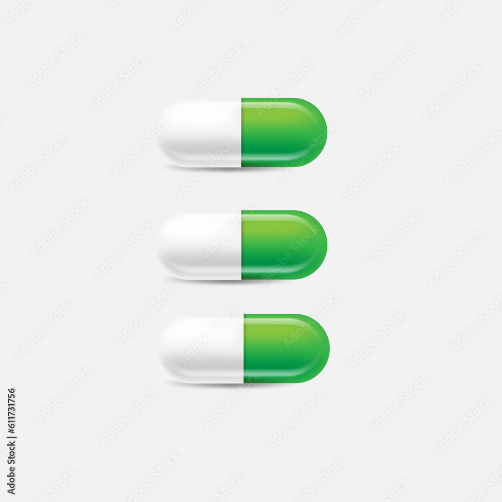 White and green Medical Pill Icon Set Closeup Isolated on White Background. Design template of Pills